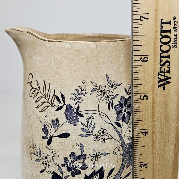 Antique English Ironstone Blue Pitcher Transferware Floral Stained Crazed Jug - Picture 11 of 13